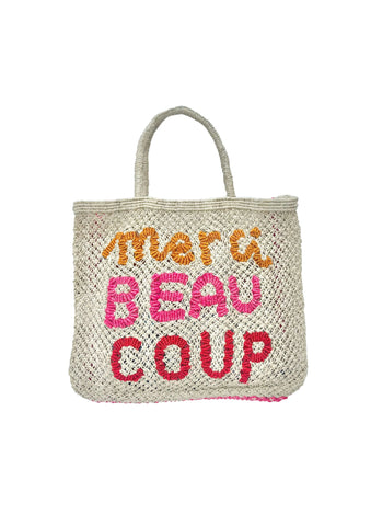 The Merci Beau Coup Natural Jute Bag Large in Tango/Pink/Scarlett