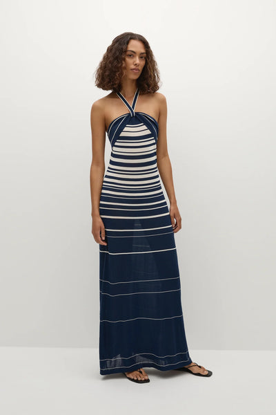 The Axel Maxi Accordian Stripe Dress in Cream Navy